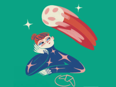 Märchenstunde in der Mediathek, eine weibliche Person di einen Kometen erblickt